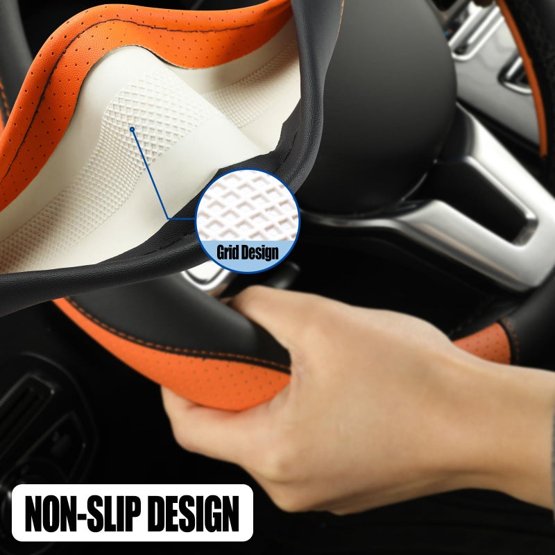Binsheo Leather Steering Wheel Cover, Breathable, Anti Slip & Odor Free, Black and Orange - Image 4